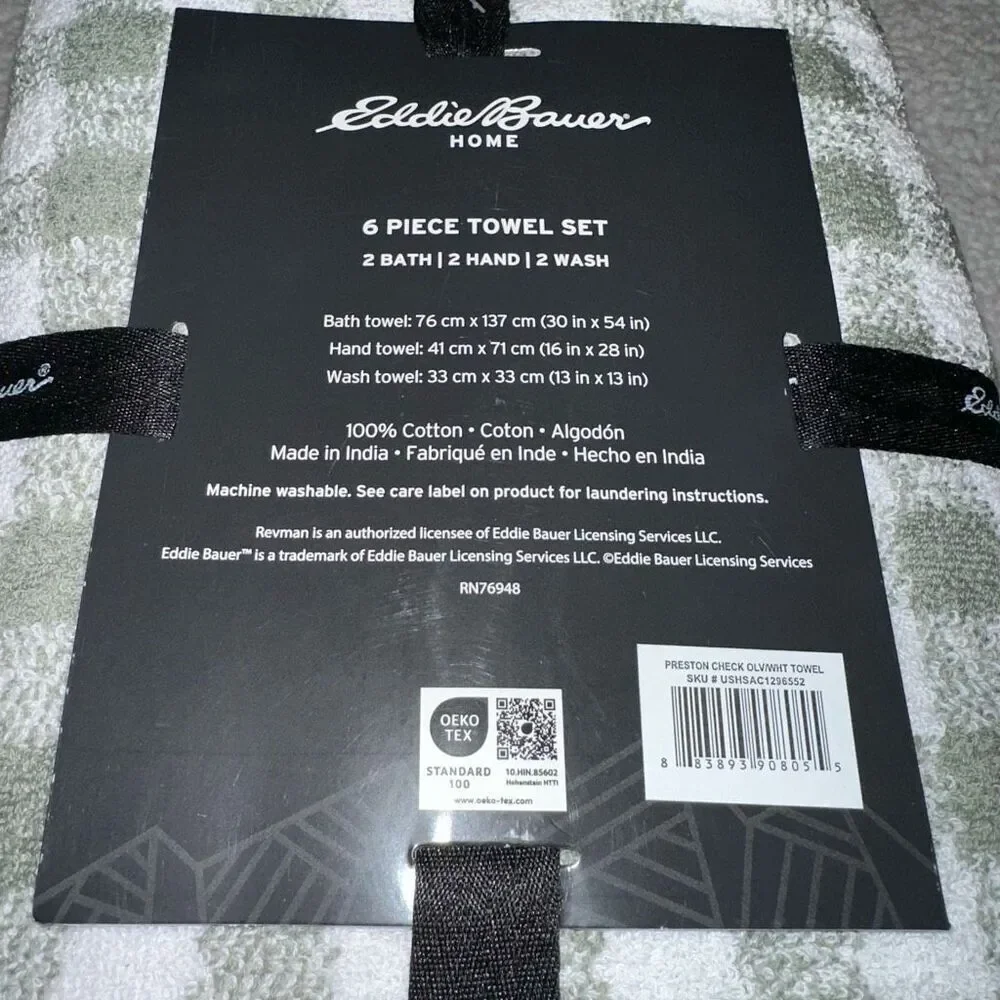 Eddie Bauer Bath Towel Set Preston Check Olive Green White Plaid NWT